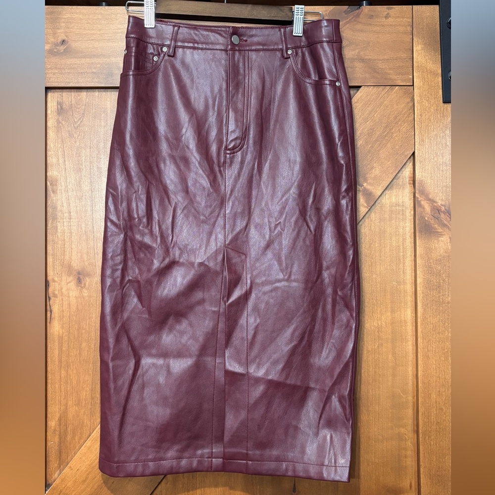 7 For All Mankind Burgundy Leather Pencil Skirt